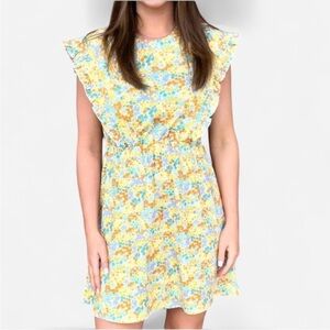 Lili Sidonio Yellow Floral  Sundress with Flutter Cap Sleeves Size S